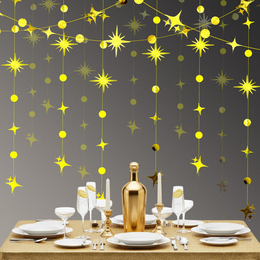 Affrolling 105 Feet Glitter Gold Four-Angle Star and Circle Dot Paper Garland Banner Decor Twinkle Hanging Bunting Banner Backdrop for Birthday Wedding Graduation Disco 2026 Party Decorations