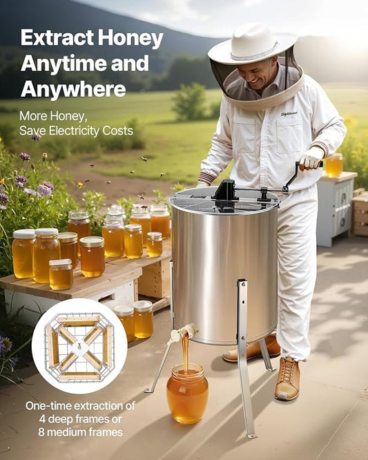 VEVOR Honey Extractor, 4/8 Frame Manual Honey Extractor with Transparent Lid, Stainless Steel Honeycomb Drum Spinner with Height Adjustable Stand, Honeycomb Extraction Equipment for Beekeeping