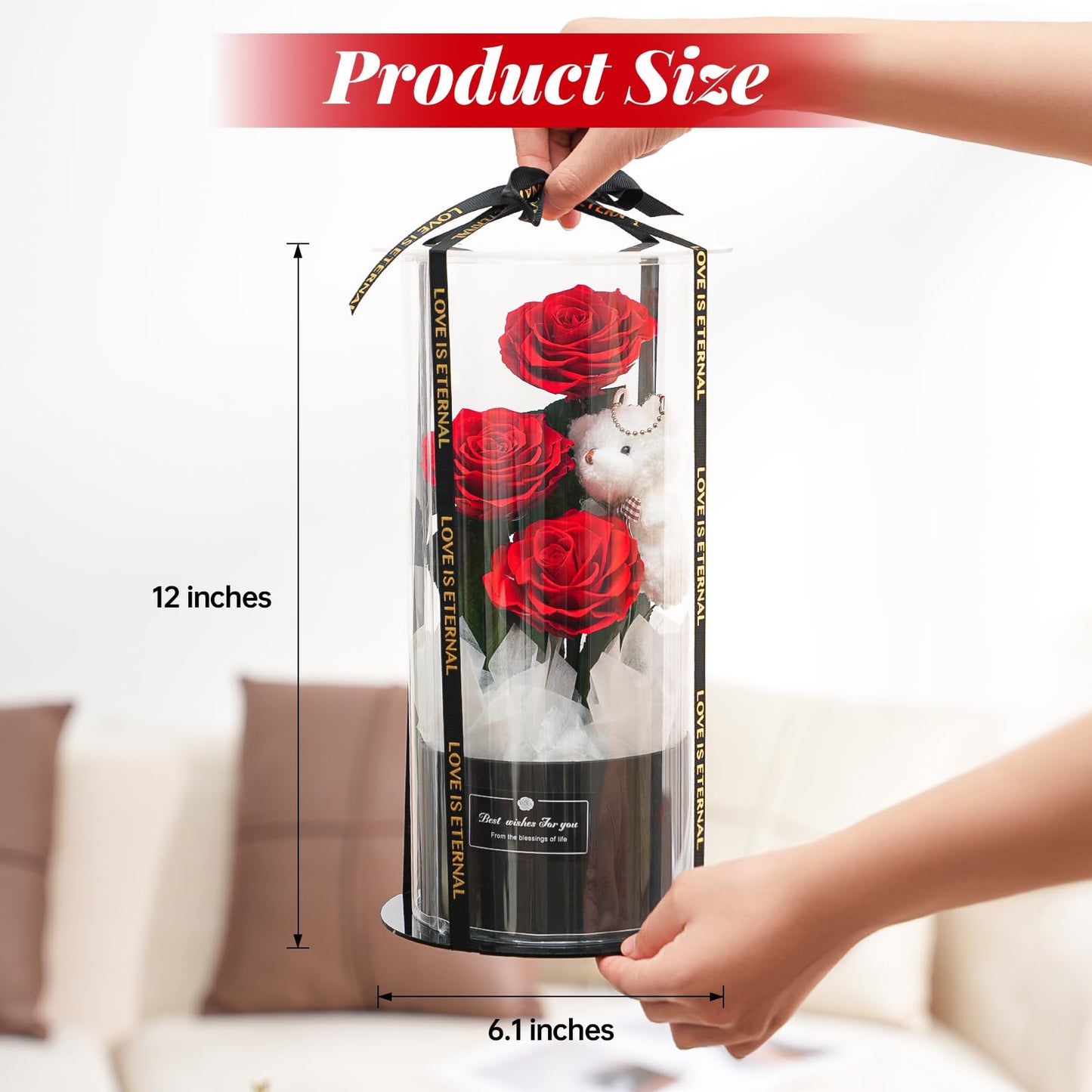 Amoueterno Flowers Forever Roses in A Box, 3 Real Roses with Stems and Bear, Eternal Rose Gifts for Her,Birthday Gifts for Women, Mom,Girlfriend,Grandma,Daughter,Red