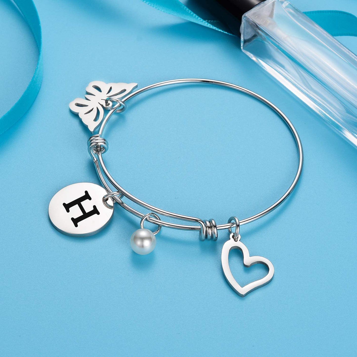 malyunin Initial Bracelet Charm Bracelets Heart Butterfly 26 Letters Alphabet Bracelet for Women Letter Bracelet Personalized Jewelry (H)