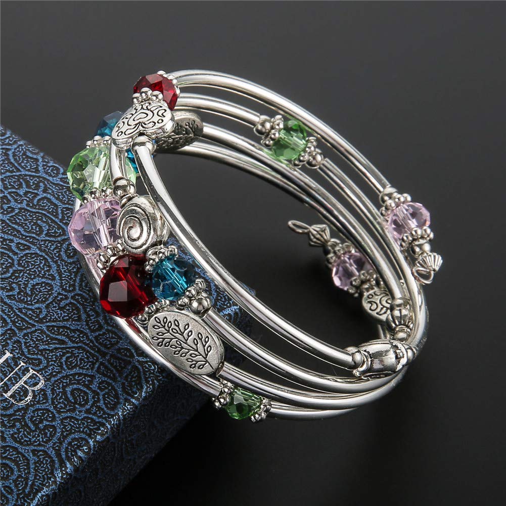 PEARL&CLUB Bead Crystal Wrap Bangle Bracelet - Fashion Jewelry Beaded Bracelet with Silver Metal, Gifts for Women(23-Colorful)