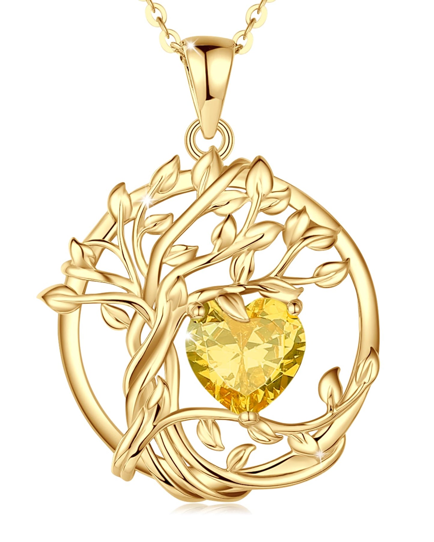 FANCIME Tree of life November Birthstone Necklace for Women Sterling Silver Yellow Gold Plated Citrine Pendant Yellow Topaz Gemstone Birthday Jewelry Mothers Day Gifts for Wife Mom Her