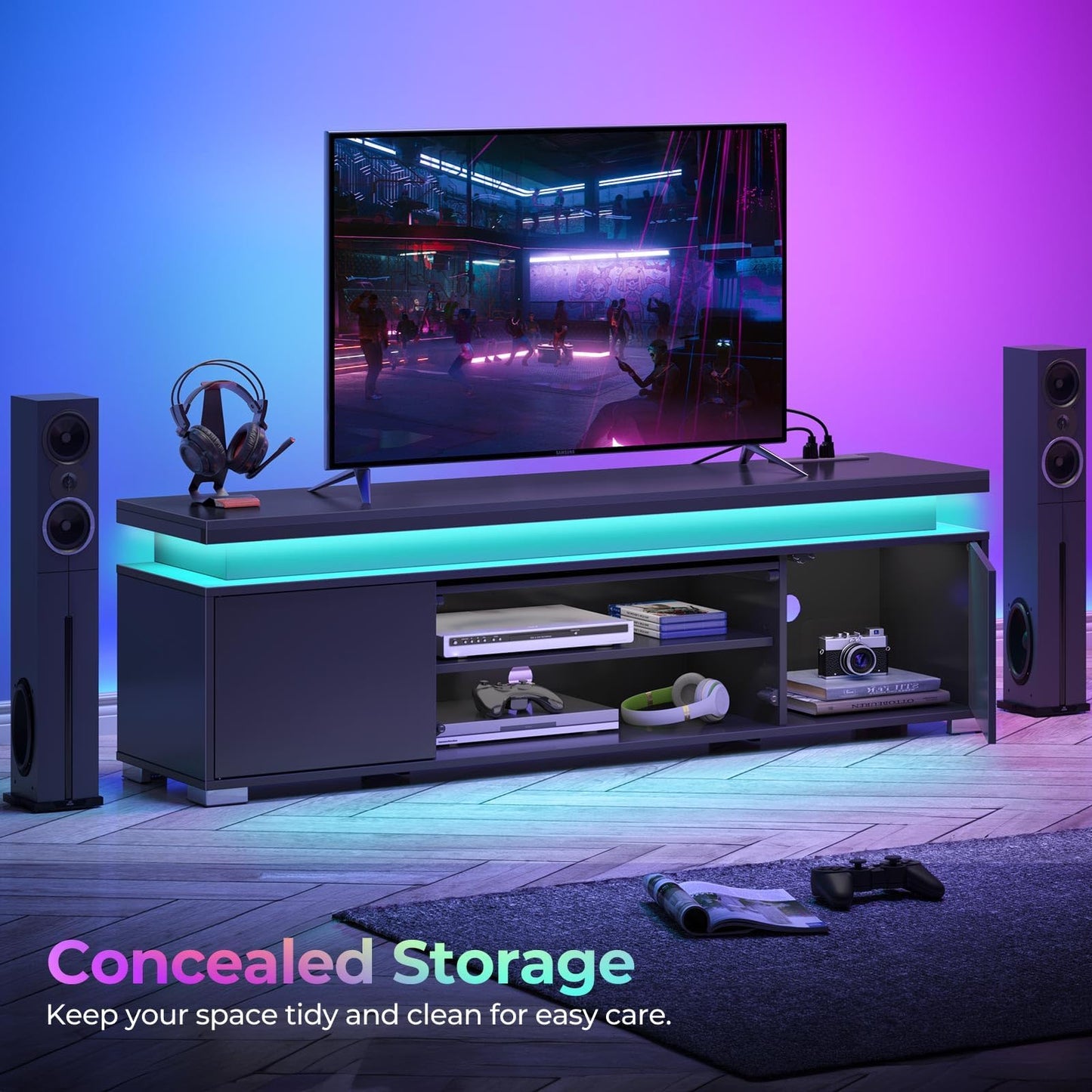 Rolanstar TV Stand with Power Outlet & LED Lights, Modern Entertainment Center for 32/43/50/55/65 Inchs TVs, TV Table, Universal Gaming LED TV Media Stand with Large Storage Cabinet, Black