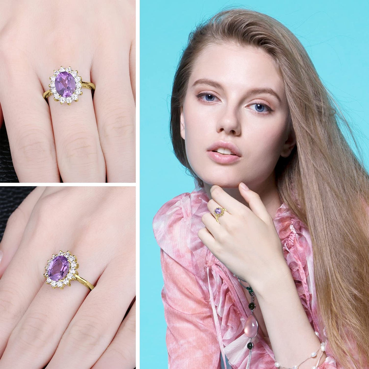 JewelryPalace Princess Diana Kate Middleton Gemstone Birthstone Purple Amethyst Halo Statement Engagement Rings for Women, 14K Yellow Gold Plated 925 Sterling Silver Promise Rings for Her Size 10.5