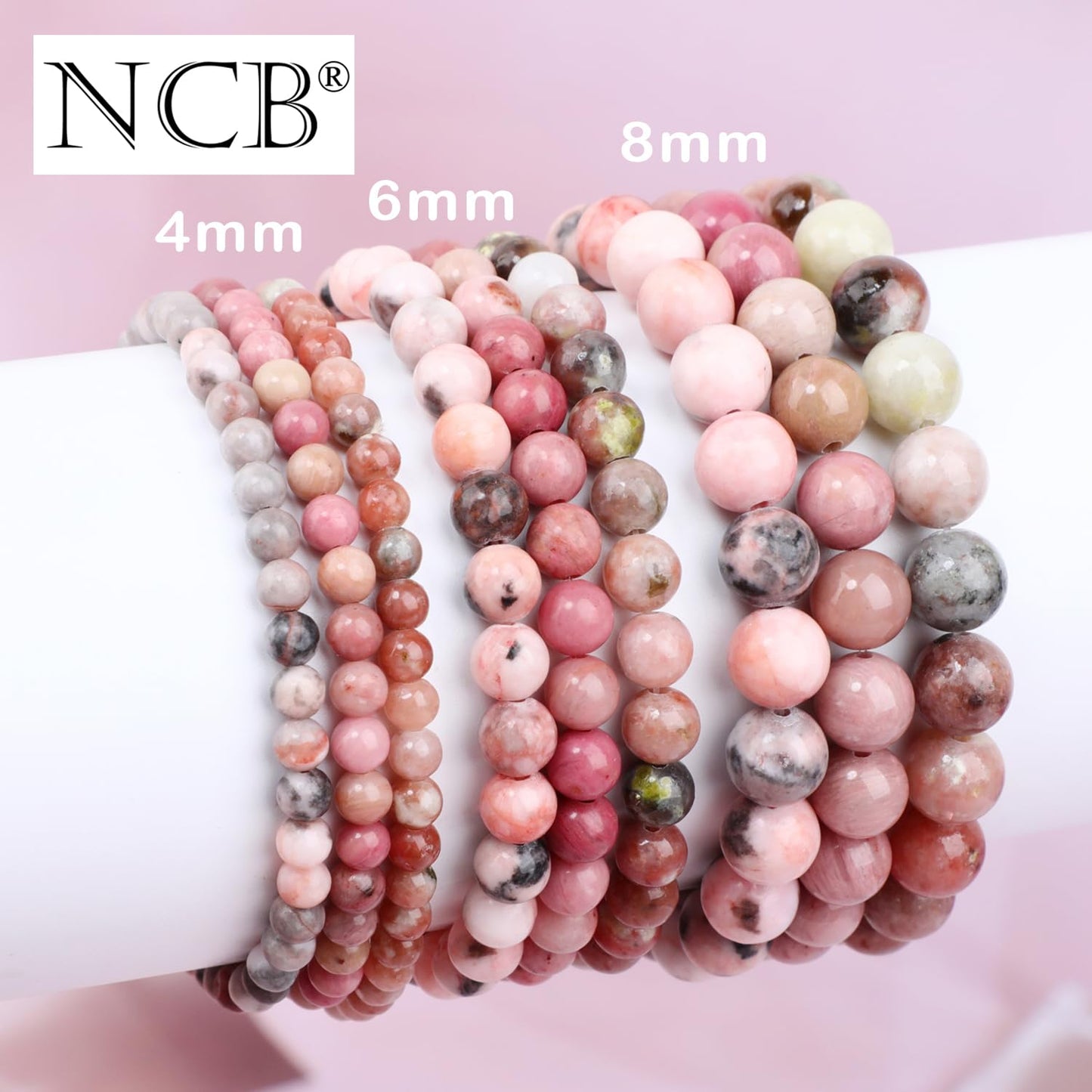NCB 3-Piece 6mm Natural Crystal Gemstone Stretch Bracelets – ﻿Pink Zebra, Red Jasper, Red Plum Blossom Stone Handmade Reiki Energy Healing Jewelry for Meditation,Yoga, Unisex
