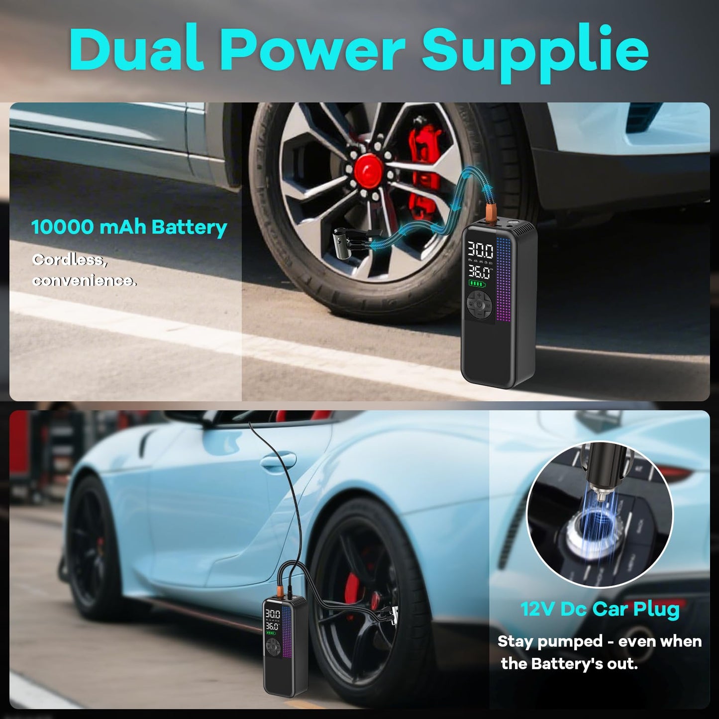 WEOLULI Tire Inflator Portable Air Compressor,150 PSI Cordless Air Pump, 12V DC Car Plug,Dual Power 10000mAh, Fast Inflation 24L/Min, 4 Preset Modes for Car, Bike, Motorcycle, Balls (Black, 10000mAh)