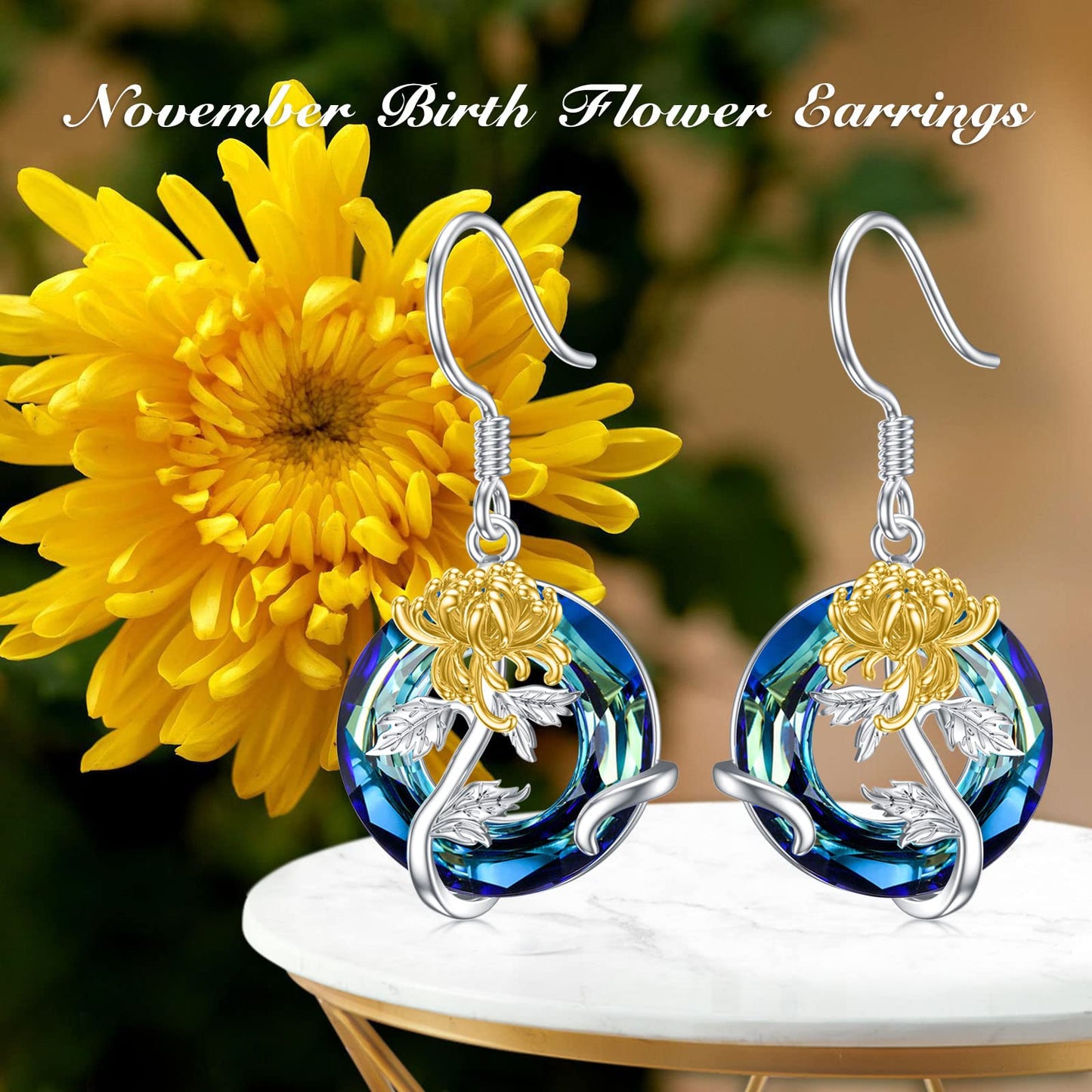 TOUPOP November Birth Flower Earrings Chrysanthemum Drop Dangle Earrings Blue Crystal Jewelry Birthday Mothers Day Gifts for Women Mom Her