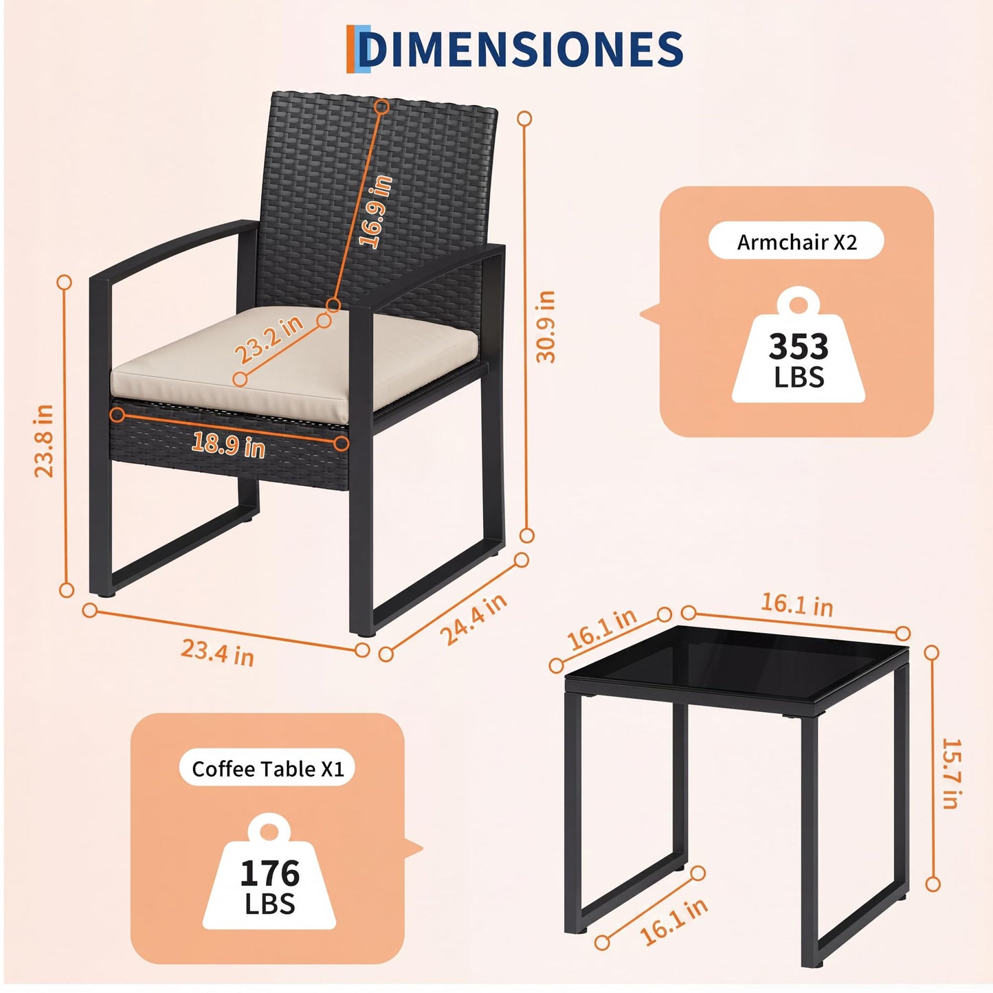 Garvee 3 Pieces Patio Bistro Set, PE Rattan Patio Conversation Set with Tempered Glass Coffee Table, Outdoor Wicker Furniture for Patio Garden Balcony Backyard, Black and Beige