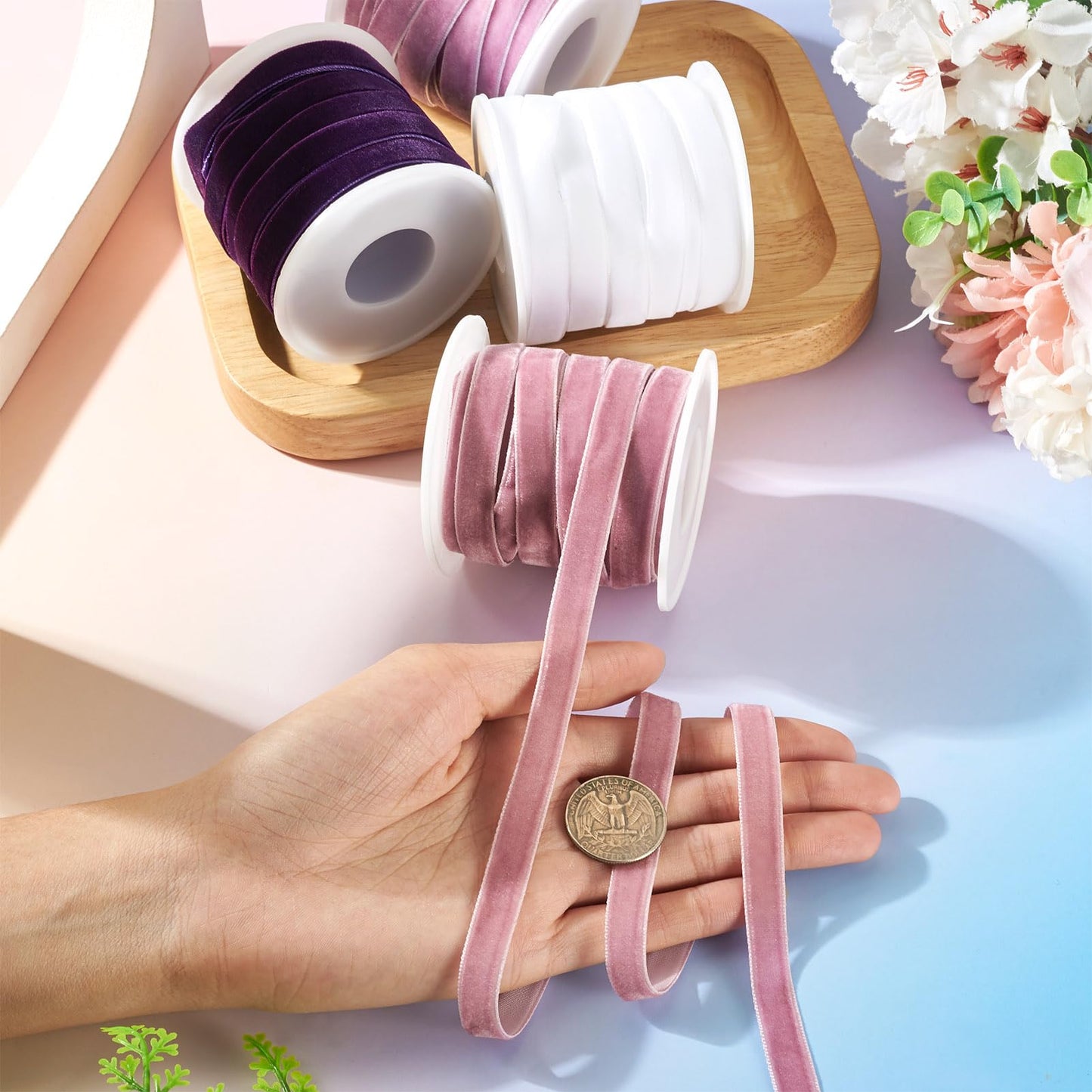 Craftora 40 Yards White Purple Velvet Ribbon 3/8 inch Single Face Velvet Ribbon with Spools for Christmas Ornaments Tree Home Decor Gift Wrapping DIY Crafts - Dark Purple