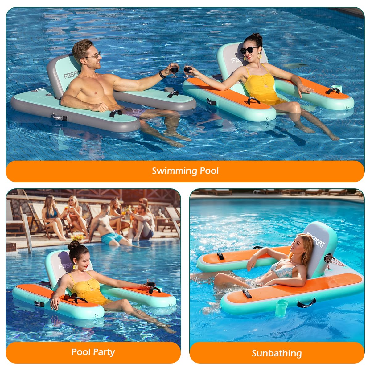 FBSPORT Inflatable Pool Float Lounger for Adults, Water Floating Chair Pool Float Raft with Cup Holder and Backrest for Swimming Pool, Lake, Party and Beach