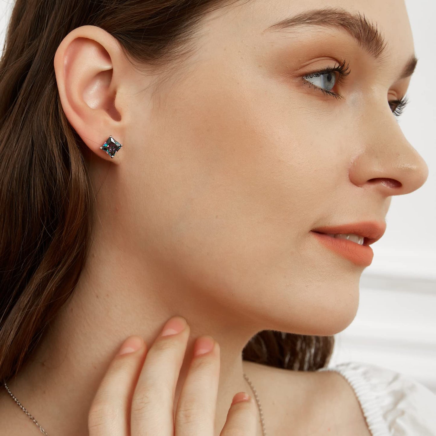 Mens Earrings 18K White Gold Plated Rainbow Quartz CZ 6mm Square Ear Pierced Gemstone Vintage Sparkle Studs Earings for Women Hypoallergenic Jewelry Birthday Valentines Gifts