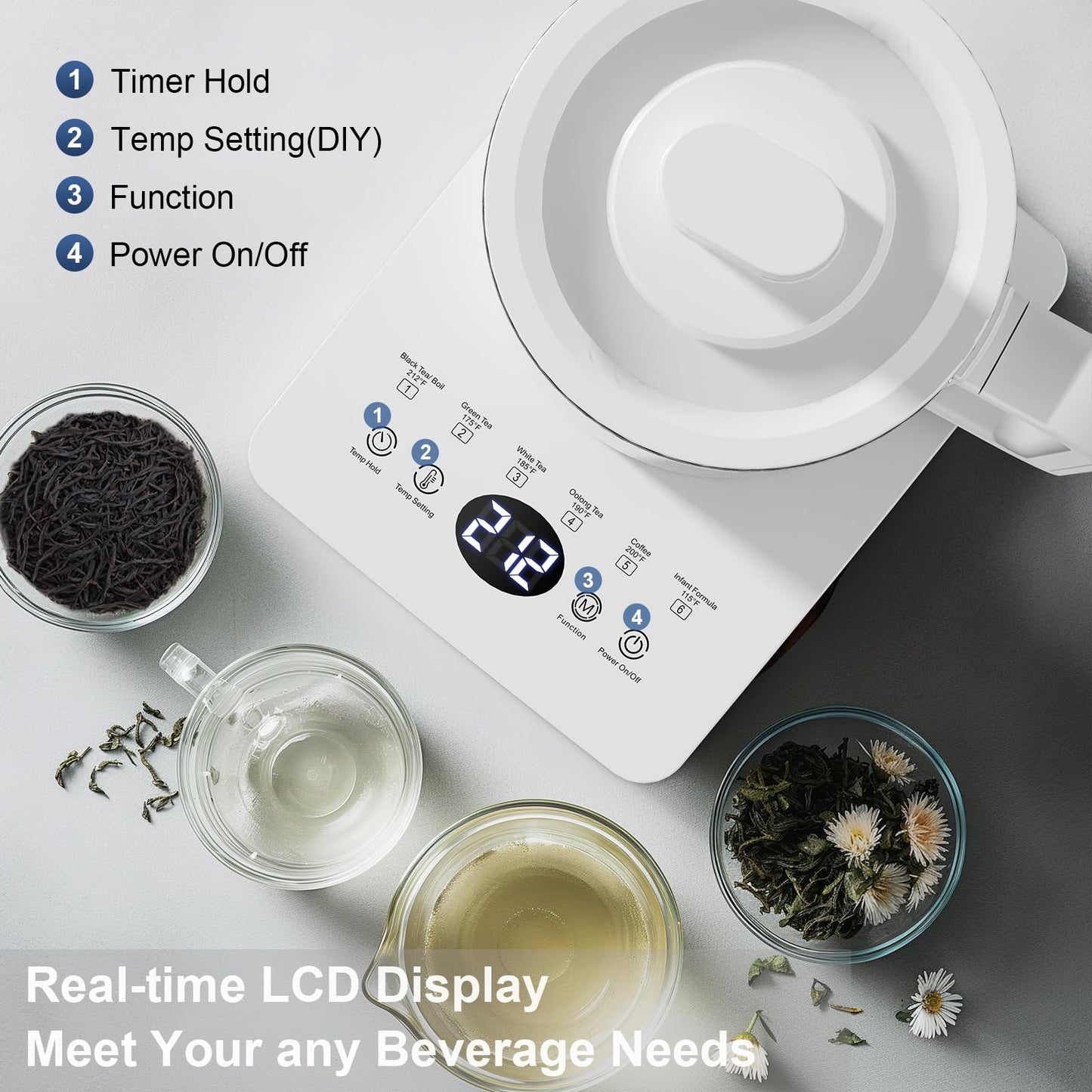 Aesthetern Electric Tea Kettle with Infuser Temperature Control and Automatic Shut Off 24 H Keep Warm for Coffee Water Heater and Tea Pot Glass White 1.5L
