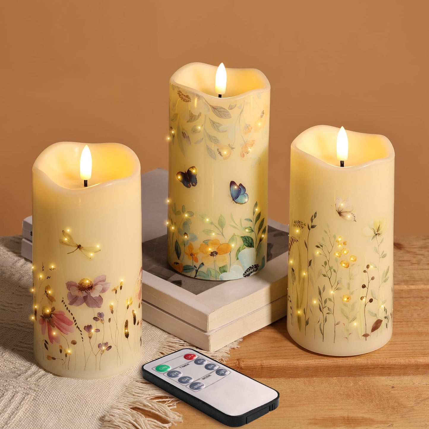 Eywamage Fiber Optic Flameless Pillar Candles with Remote Set of 3, Butterfly Floral Spring LED Candles Battery Operated Gift Φ 3" H 6"""