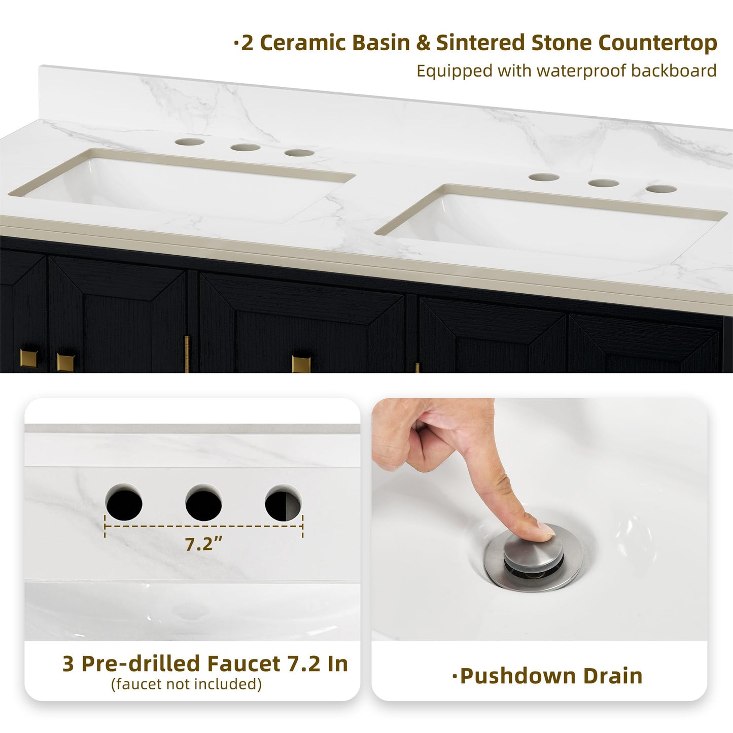 YITAHOME 47 Inch Bathroom Vanity with Double Sink, Retro Bathroom Storage Cabinet with Sintered Stone Countertop, Six Holes, 4 Doors & 3 Drawers