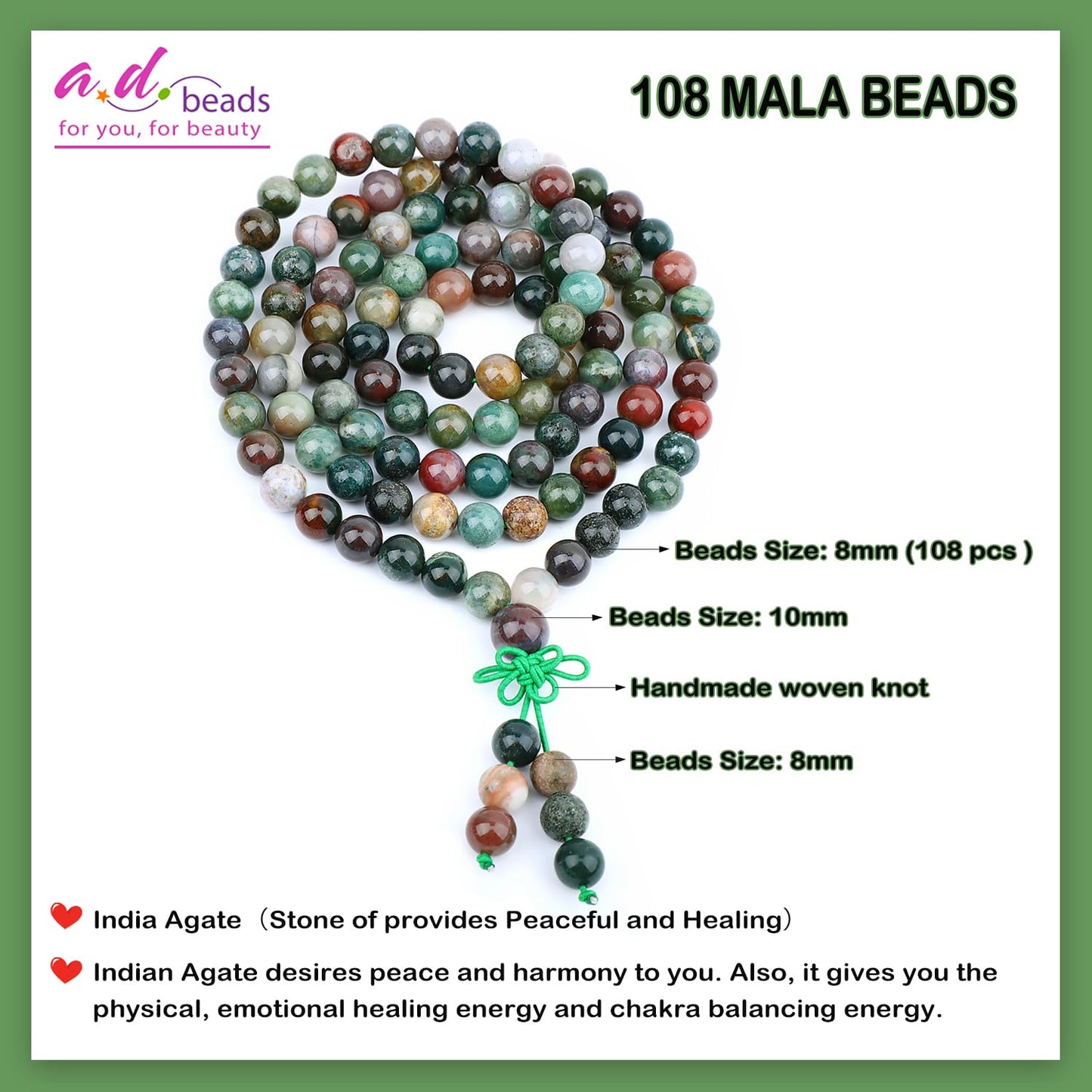 AD Beads 8mm 108 Prayer Mala India Agate Elastic Bracelet - Provides Peaceful and Healing - Handmade Yoga Meditation Healing Power Energy Gifts for Unisex Adult.