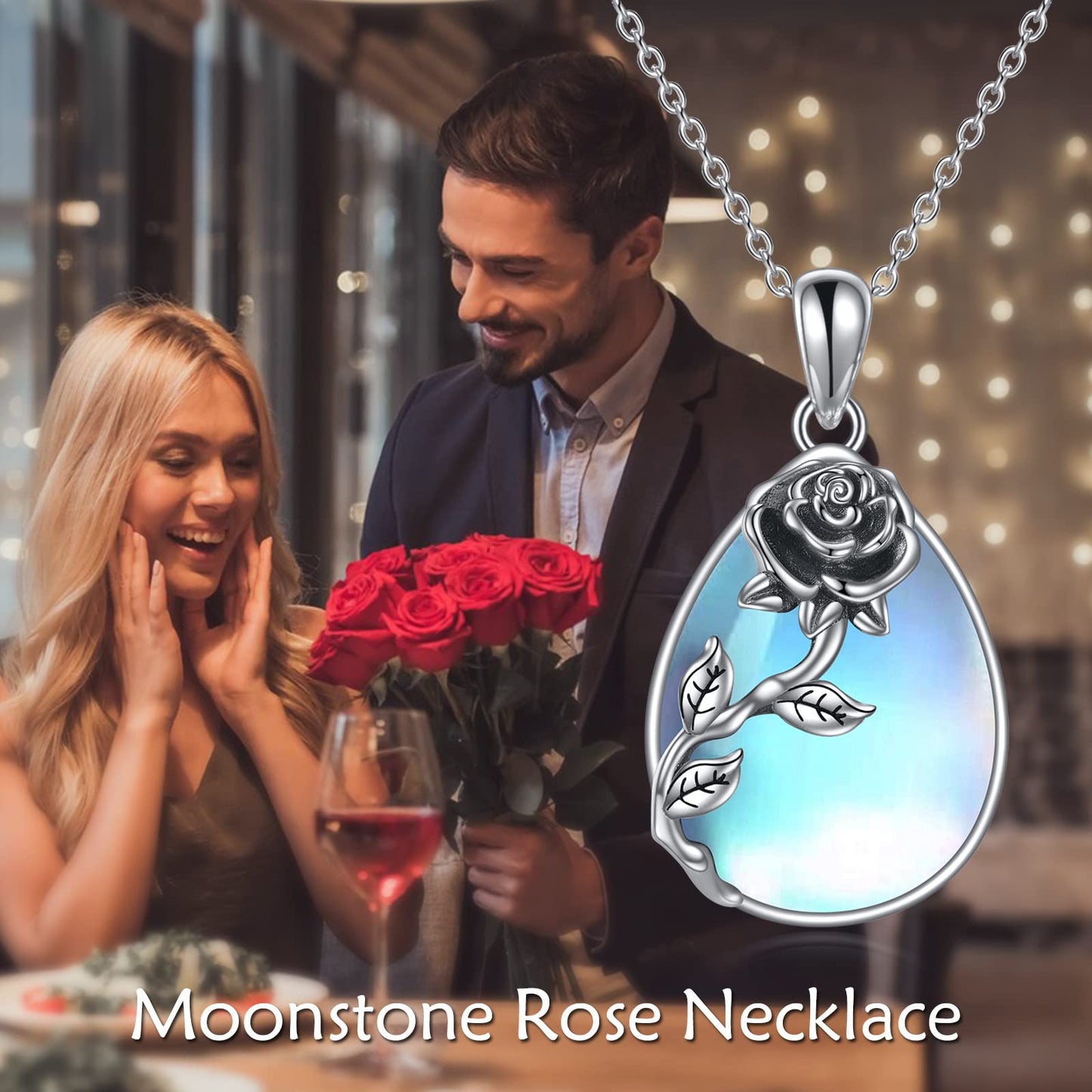 YAFEINI 925 Sterling Silver Moonstone Necklace Rose Flower Filigree Teardrop Pendant Necklace Jewelry Gift for Women (F-Rose Flower Moonstone)