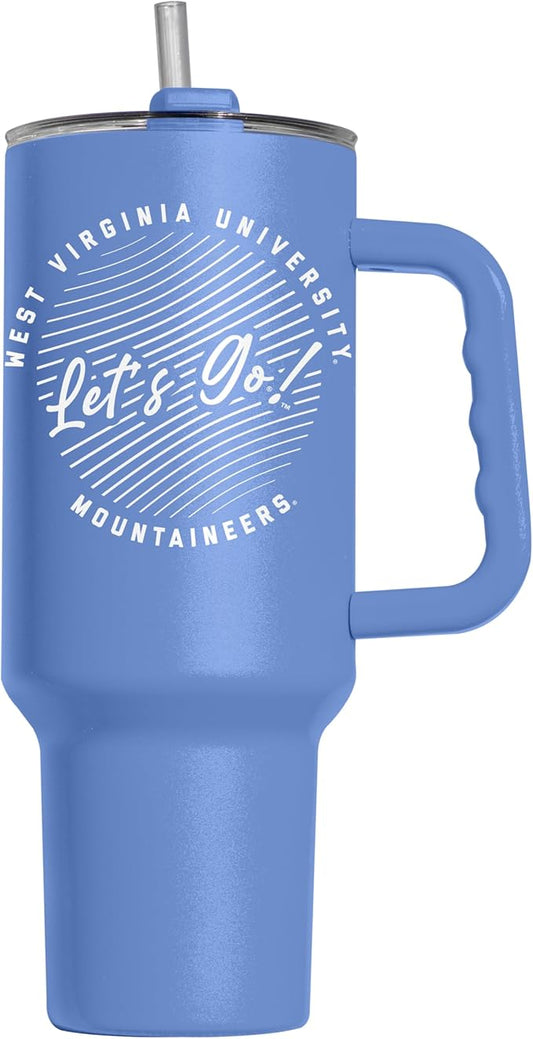 Logo Brands NCAA West Virginia Mountaineers Retro Script Arctic 40 oz Tumbler with Handle - Stylish Everyday Use Powder Coated-Stainless Steel with Straw- Keeps Cold For Hours