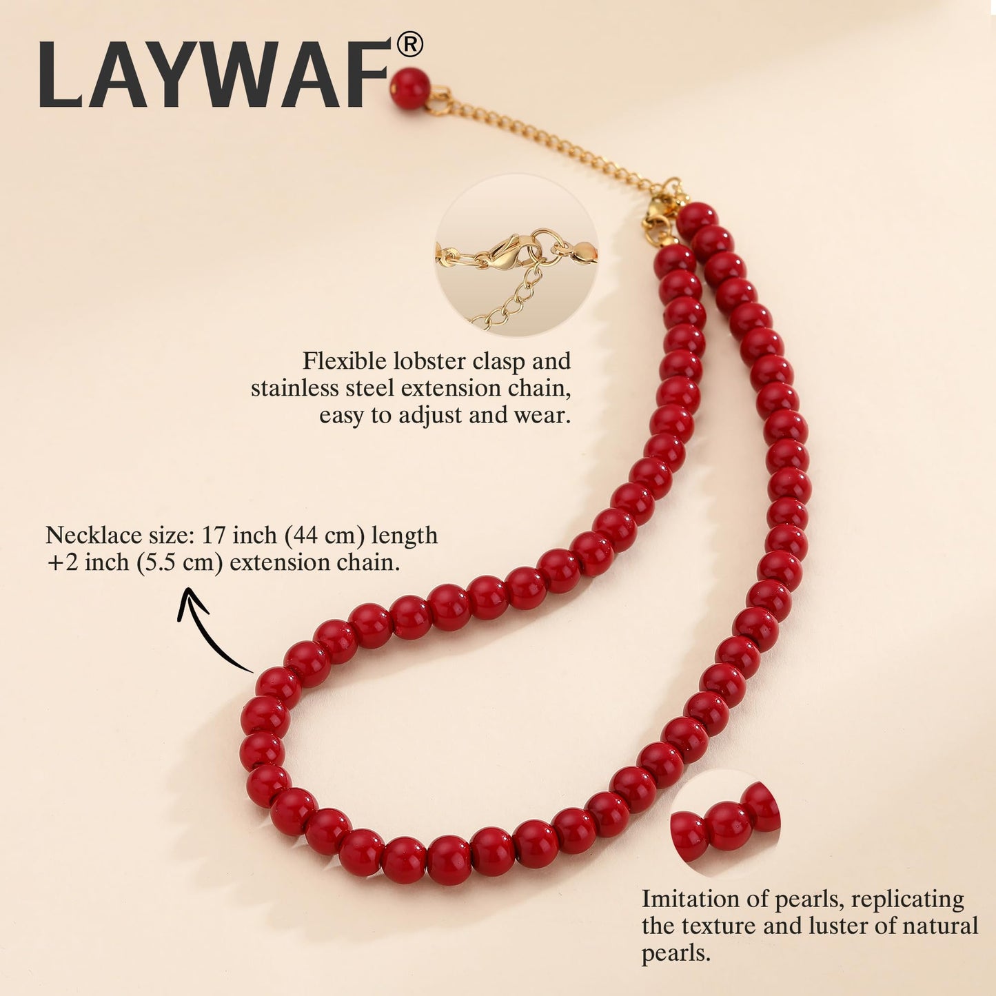 LAYWAF Carnelian Red Imitation Pearl Necklace for Women, Fake Pearl Choker Mom Necklace, Dainty 8MM Beaded Necklace, Simple Faux Pearl Accessories Costume Jewelry