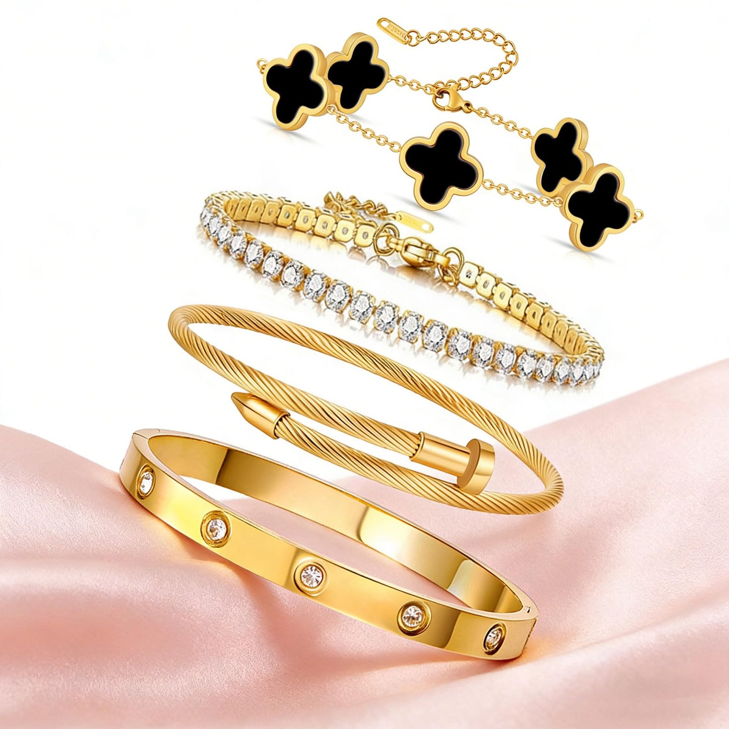 Gold Bracelets for Women, 18K Gold Plated Women Tennis Bracelets Clover Nail Love Bangle Bracelet Set, Gold Bracelet Stackable Set Trendy Jewelry, Gifts for Women's Day and Mother's Day (10-Color- 4 Black)