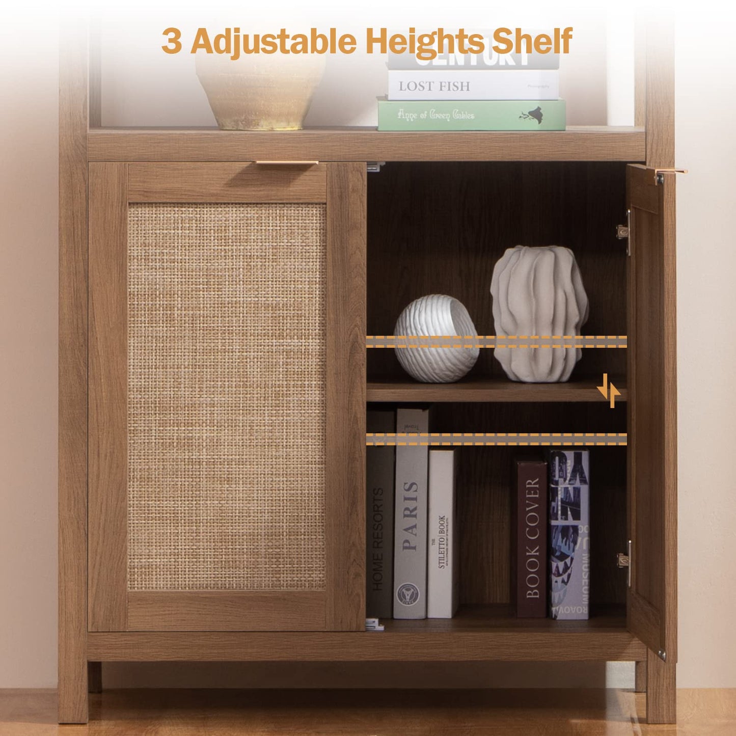 SICOTAS Bookshelf 5 Tier Book Shelf Rattan Boho 71" Tall Bookcase with Doors Storage Shelves Large Bookshelves Farmhouse Bookcases Library Book Case for Living Room Bedroom Home Office Kitchen