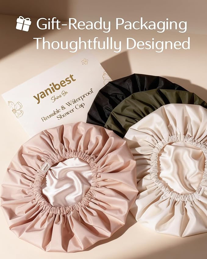 Yanibest Satin Lined Shower Cap for Women Reusable Waterproof, Frizz Free & Large Bath Cap with Soft Elastic Band, Luxury Hair Protection Caps (Black)