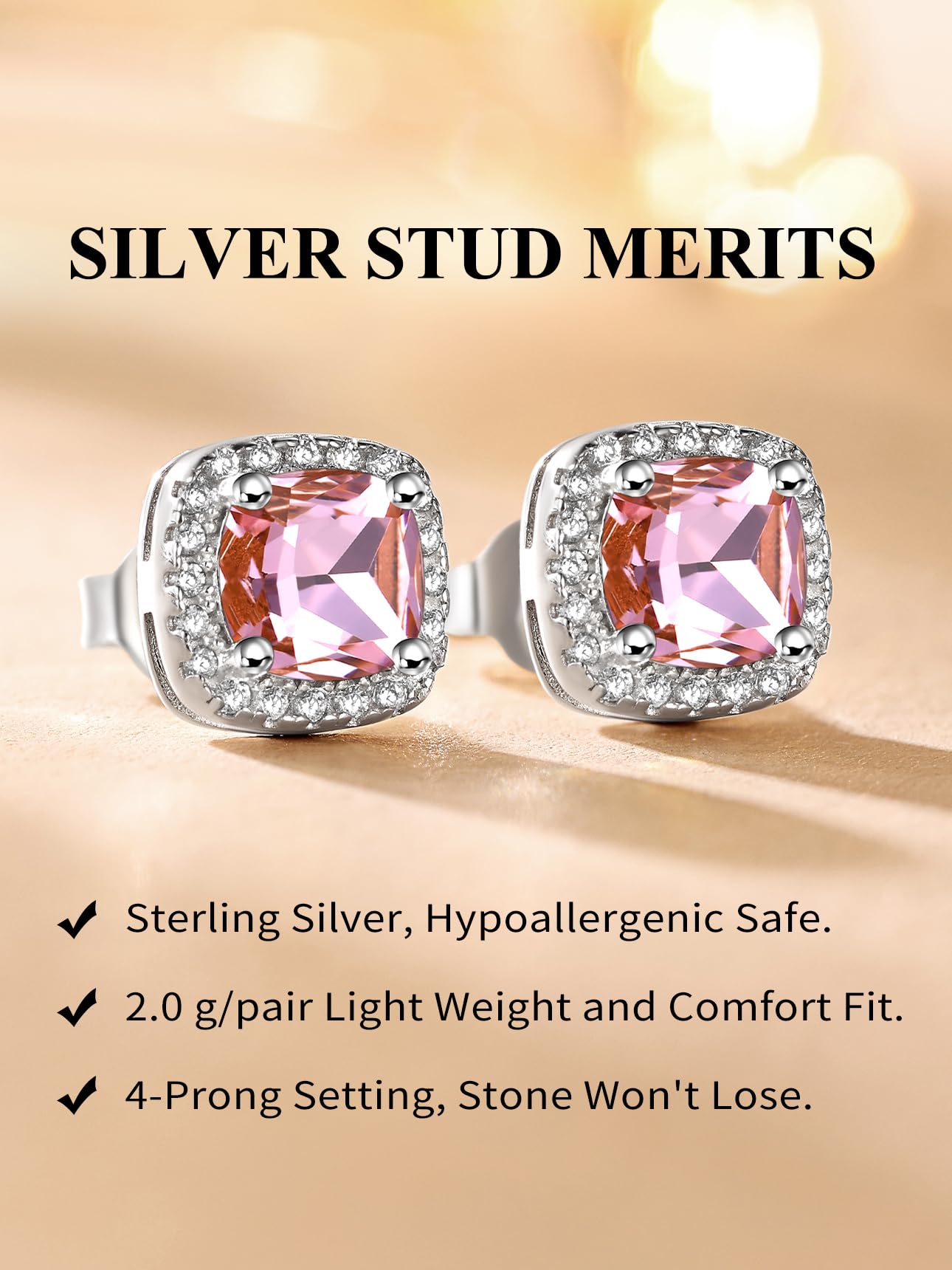 Bestyle Emerald Cut Pink Gemstone Tourmaline Earrings White Gold Vermeil Sterling Silver Sparkle Small Silver Studs Birthstone Earrings for Women Mothers Day Gifts for Wife Mom