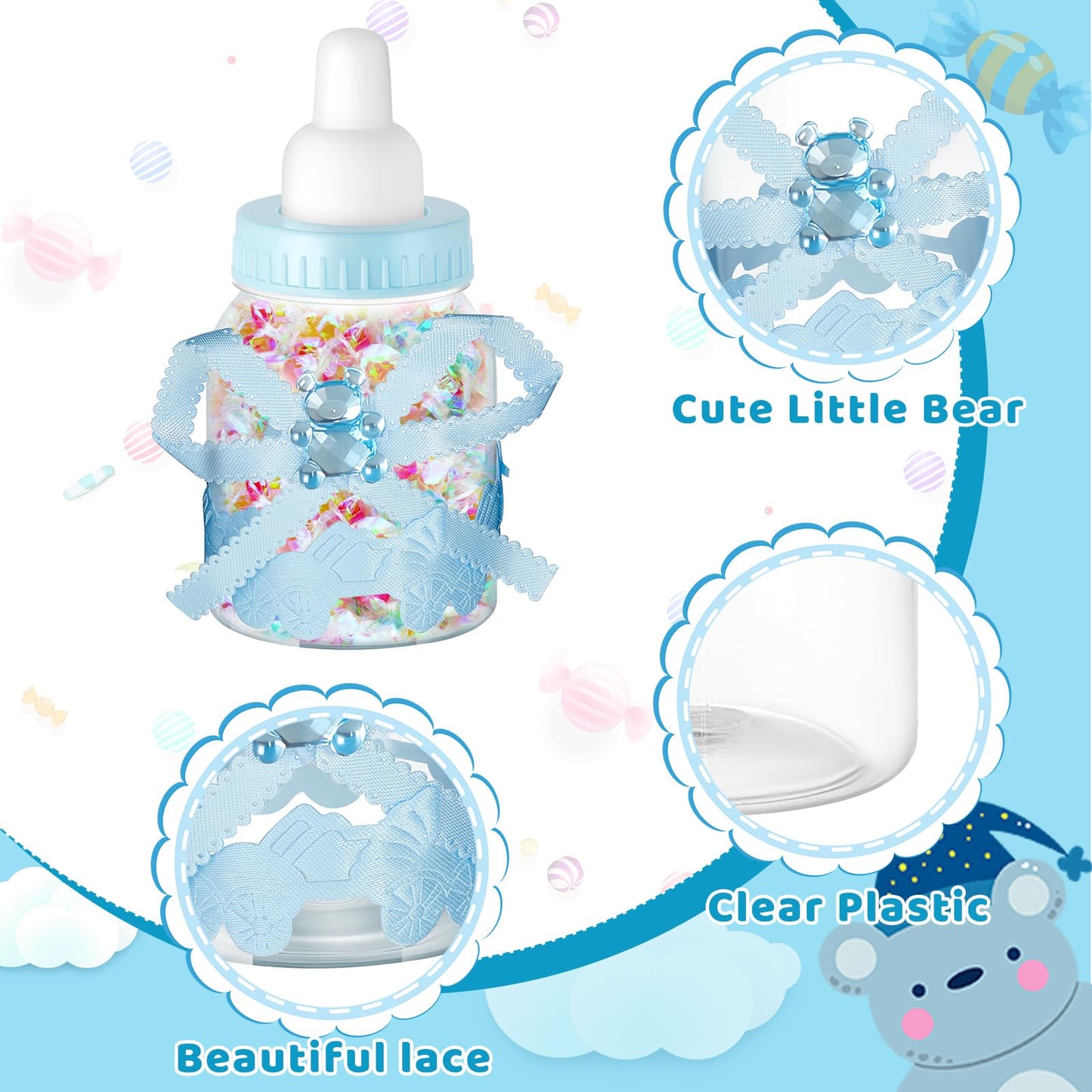 Nuenen 36 Pcs Baby Bottle Party Favors Plastic Mini Milk Bear Bottles for Baby Shower Decorations and Centerpieces Candy Jar with Ribbon for Gifts(Blue,Stylish)
