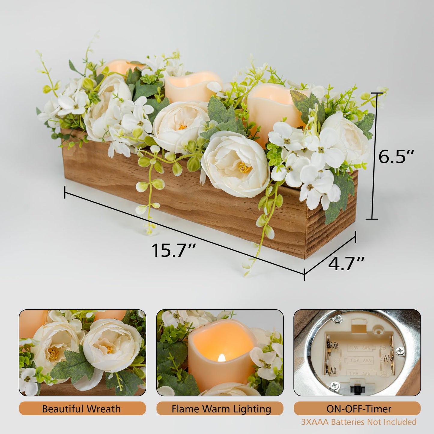 Lumeavetra Centerpiece Table Decorations with 3 Flameless Candle(Battery Not Included), Farmhouse Wood Tray Flower Decoration for Coffee Table Kitchen Living Room Wedding, White