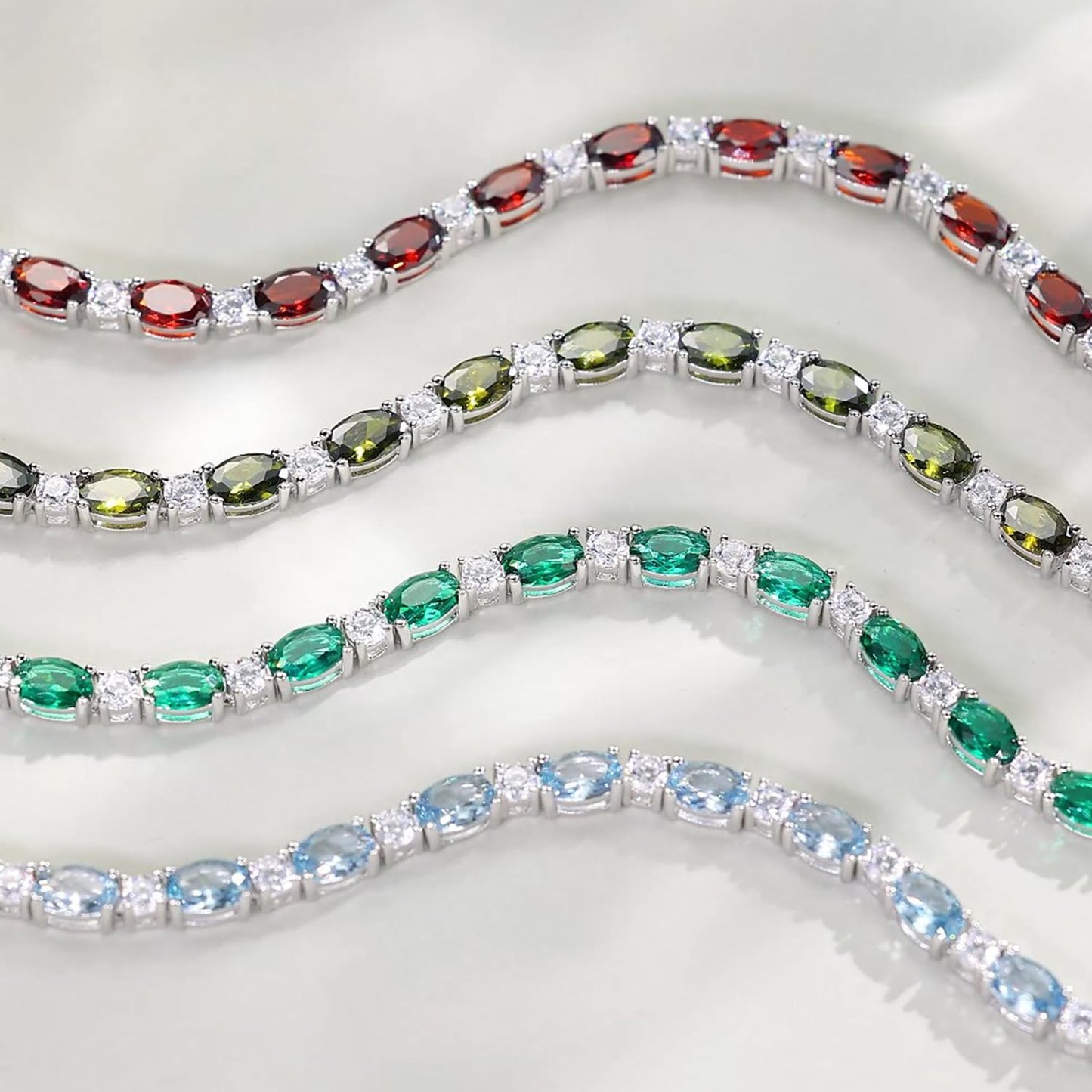 FANCIME Sterling Silver Created Aquamarine Tennis Bracelet March Birthstone Bracelet Oval CZ Dainty Charm Fine Jewelry for Women 7"