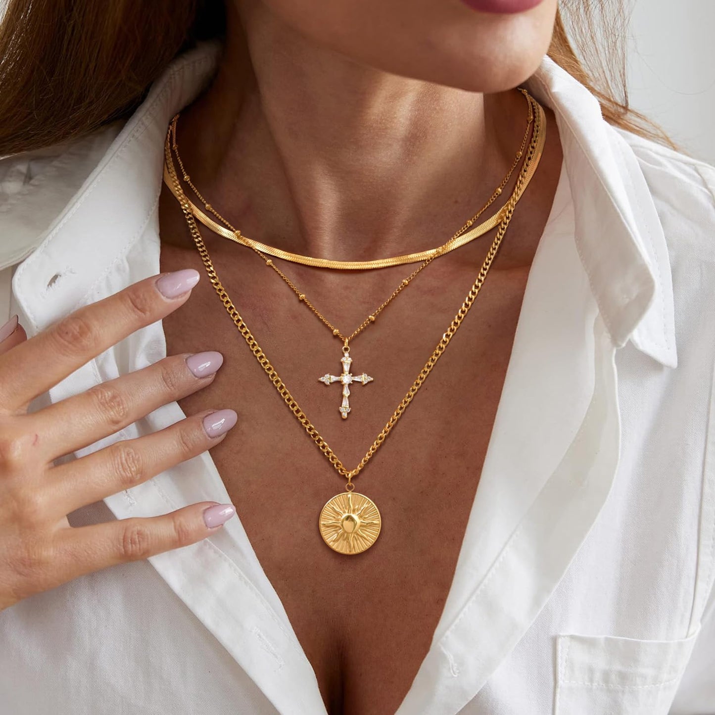 Gold Layered Necklace for Women - 3Pcs 18K Gold Plated Cross Necklaces, Stainless Steel Stackable Necklace Cuban Link Paperclip Chain Trendy Jewelry, Herringbone Choker Christmas Birthday Gift for