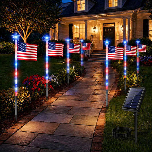 8 Pack Solar American Flag Pathway Lights, Patriotic Red White Blue Outdoor Stake Lights, Waterproof Solar LED Yard Garden Decorations for 4th of July, Independence Day