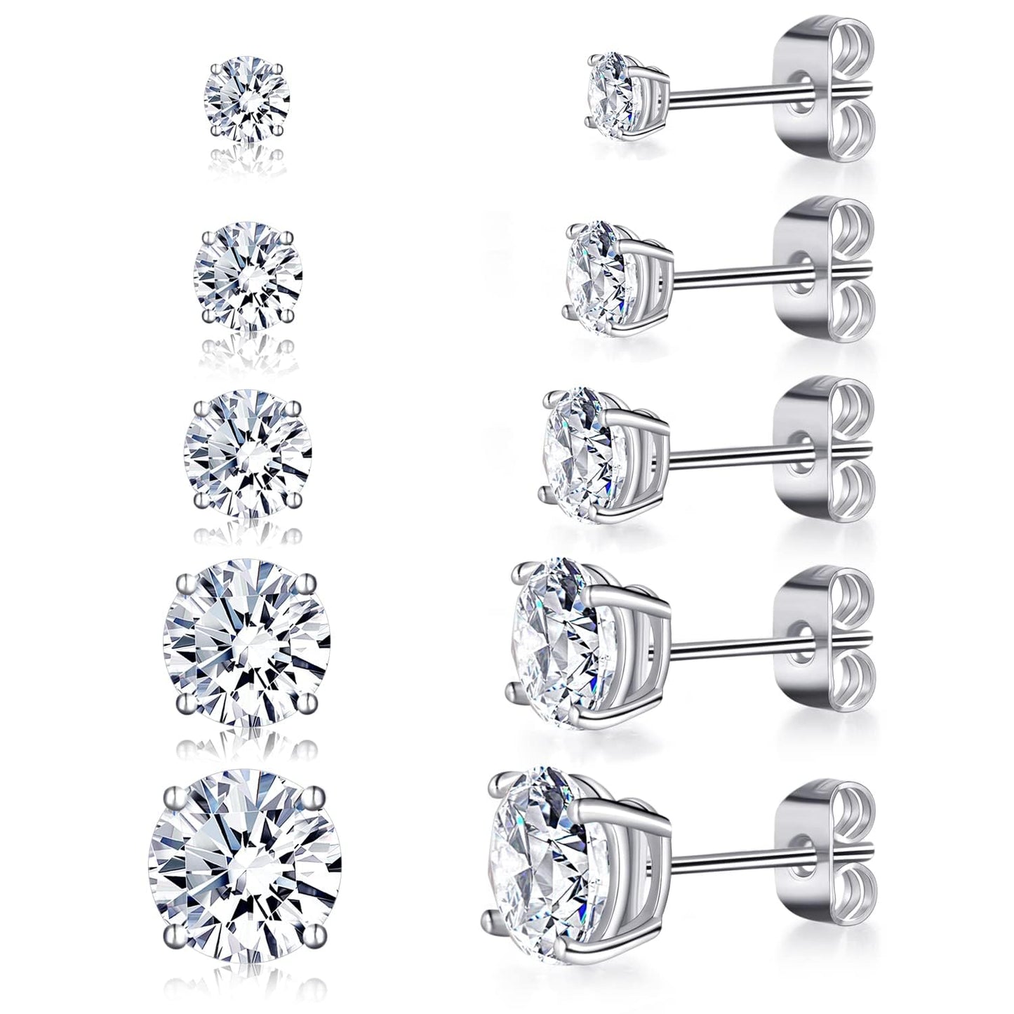 Gemsme Princess Cut Cubic Zirconia Stud Earrings for Women/Men - 5 Pairs 18K Gold Plated Hypoallergenic 3-7mm Round Clear CZ Earring Set - White Gold