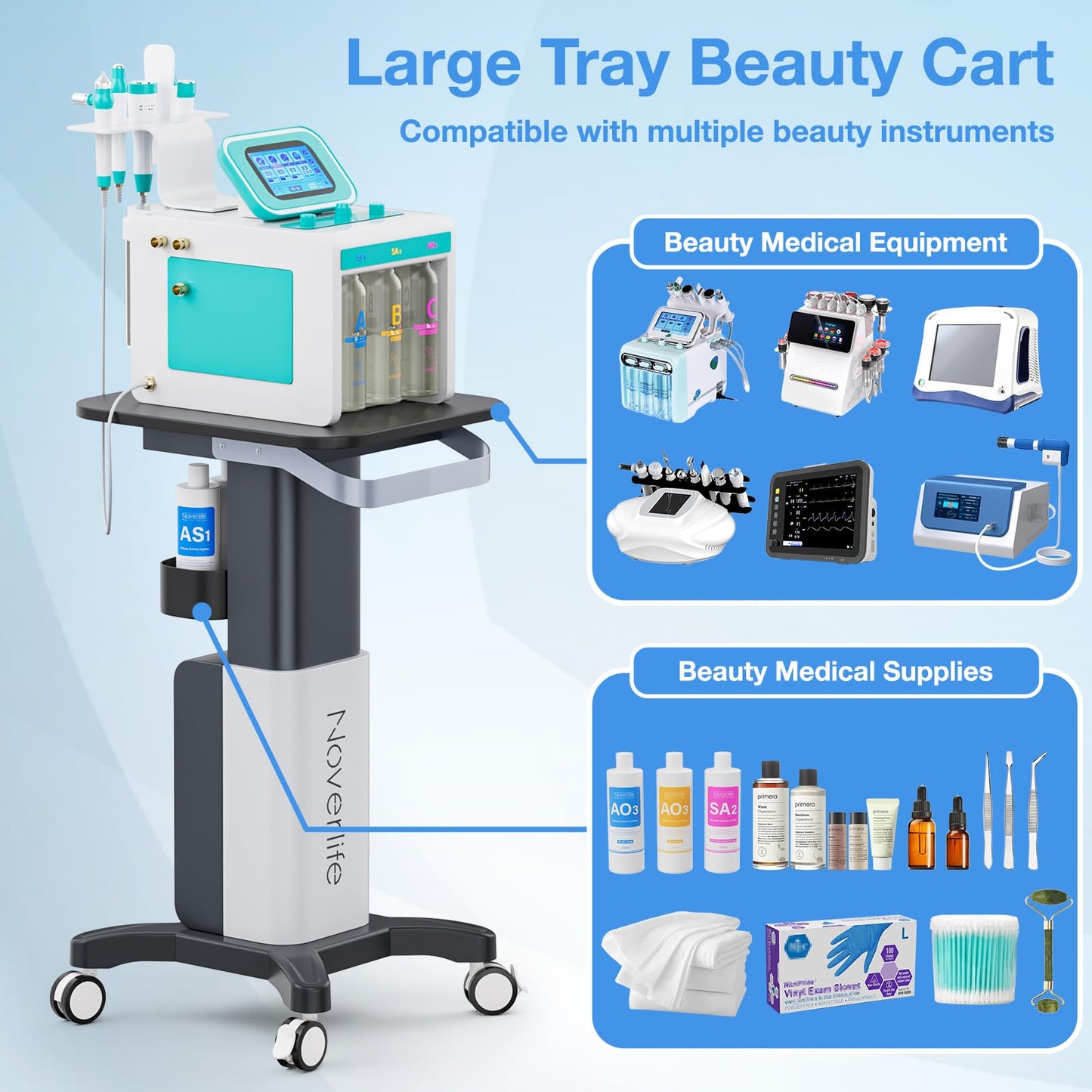Noverlife Beauty Salon Rolling Cart, Heavy Duty Carbon Steel Esthetician Cart with Wheels Esthetician Trolley for Cavitation Machine Load 260Lbs, Mobile Facial Machine Stand for Spa Equipment Storage