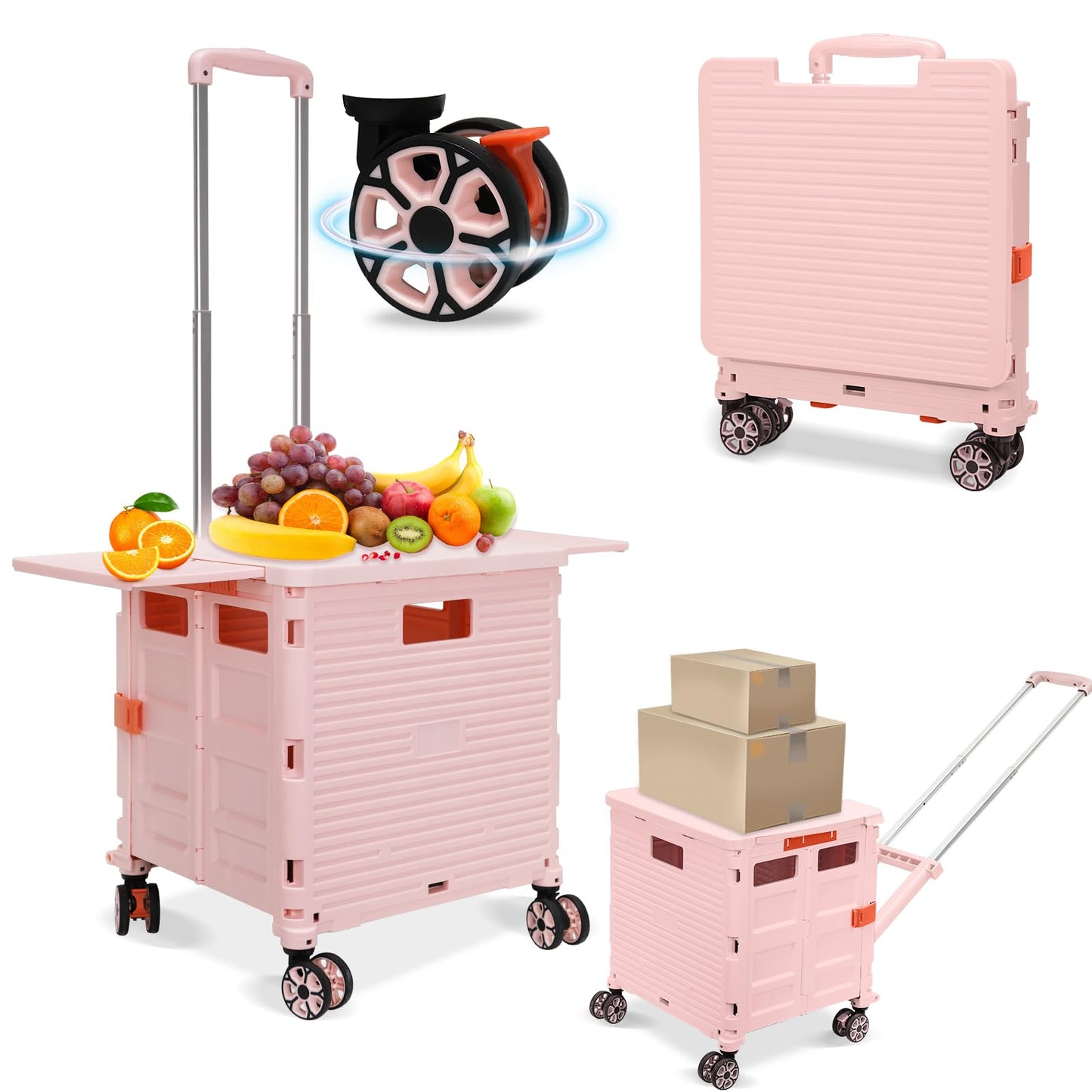 FELICON SELORSS Folding Utility Cart Rolling Crate Tote Basket Box Storage Handcart on 4 Swivel Wheels with Adjustable Handle Extended Magnetic Lid for Teacher Move Shop Travel Grocery Office(Pink)
