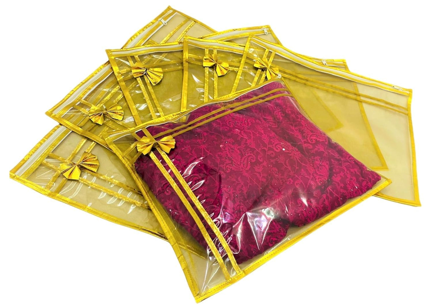 10 piece transparent single Saree/Suit Packing Sari Cover/Bag Organizer with zip for Wardrobe Storage and wedding gifting,dress covers (Golden, Pack of 10)