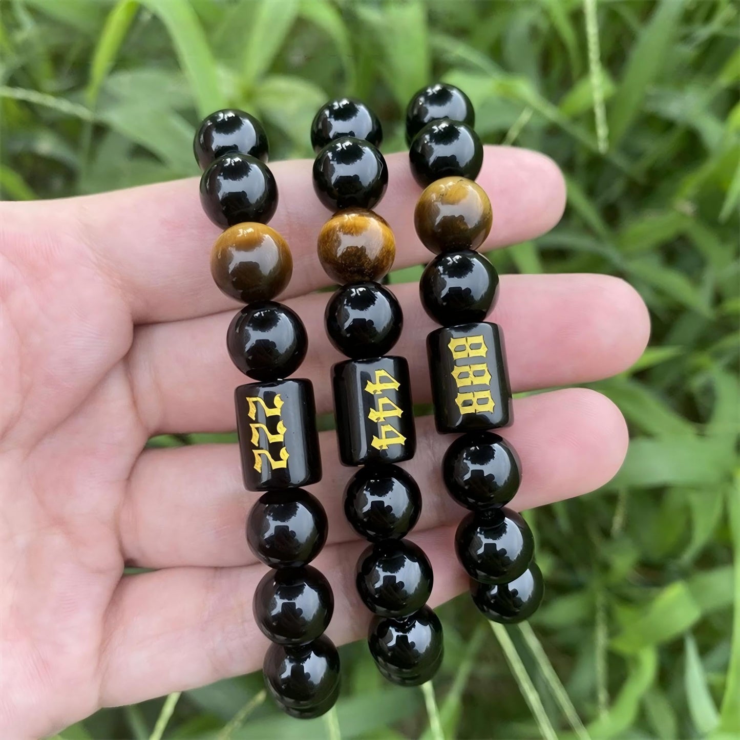 Angel Number Bracelet for Women – Black Onyx & Tiger Eye Adjustable Crystal Bracelet for Healing, Protection, Manifestation – Spiritual Jewelry Gift Box Included - 555