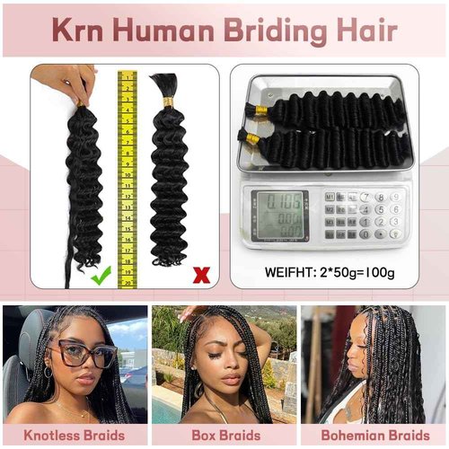 KRN Grey Deep Wave Bulk Human Braiding Hair 2 Bundles/Pack 100g Curly for Boho Braids 12A Salt And Pepper No Weft Wet and Wavy Gray 18Inch