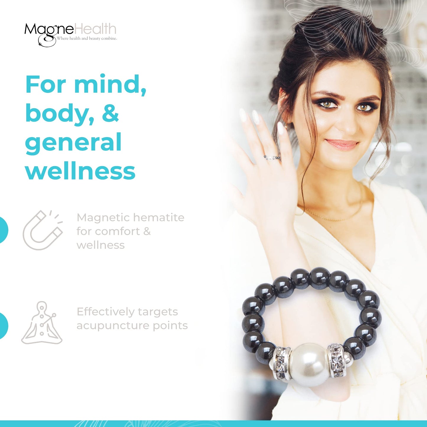 MAGNEHEALTH Black Magnetic Hematite Stretch Ring w/Large White Magnet Bead - Absorbs Negative Energy, Wellness & Balance Jewelry, Unisex Ring, Gift for Men and Women, Stretchable Comfort Fit, Medium