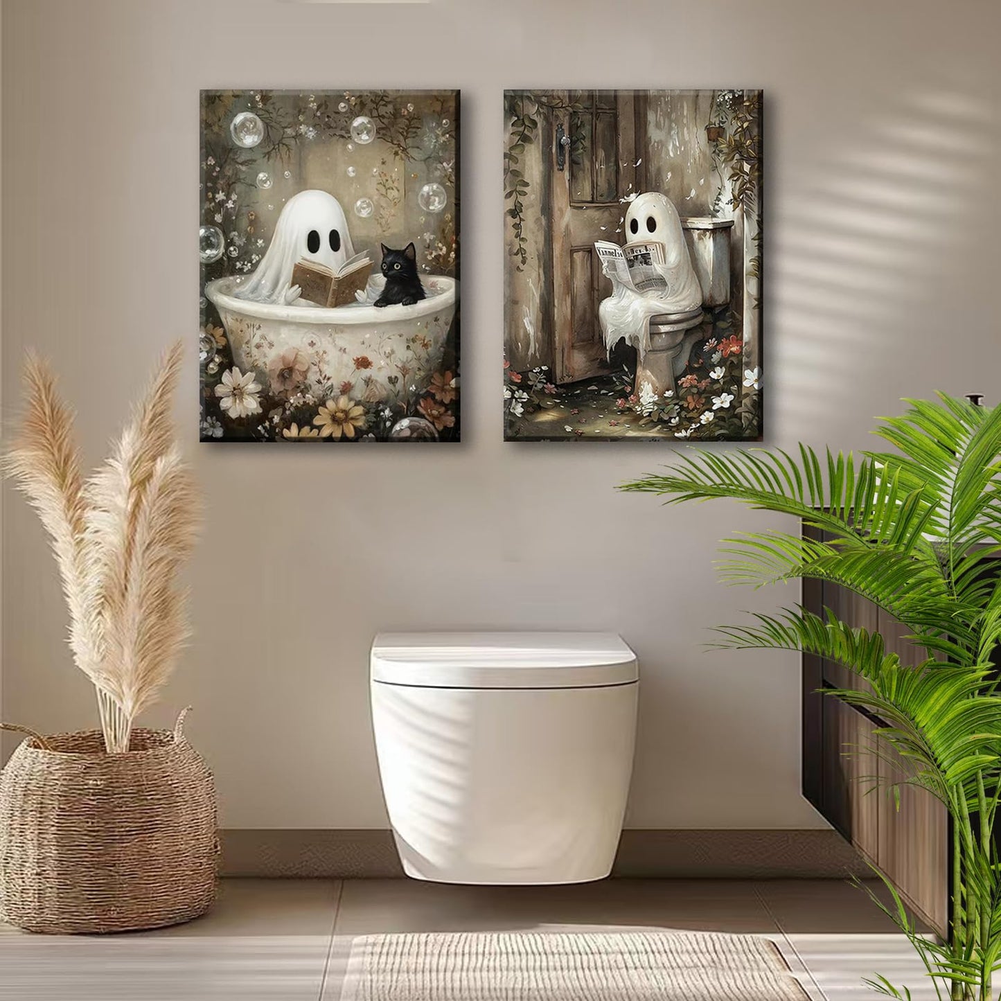 Framed Ghost Canvas Wall Art Set of 2 Cute Ghost Cat Reading in Bathtub Painting Rustic Whimsical Halloween Poster Picture Prints Décor for Bedroom Bathroom Restroom Spa 12x16 Inch