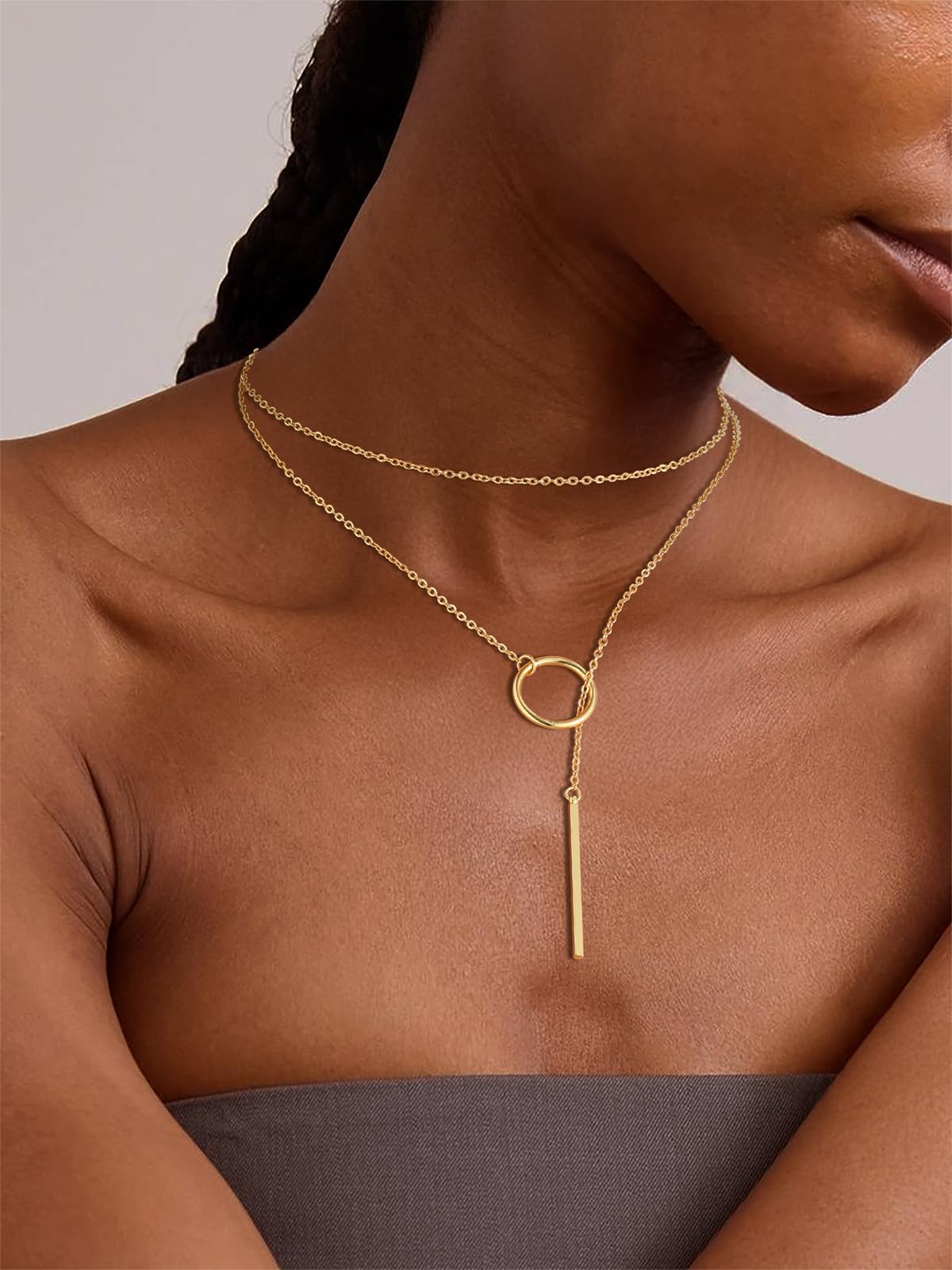 FOCALOOK Long Gold Necklaces for Women 14K Gold Plated Drop Vertical Bar Pendant Lariat Necklace 28inch/73cm