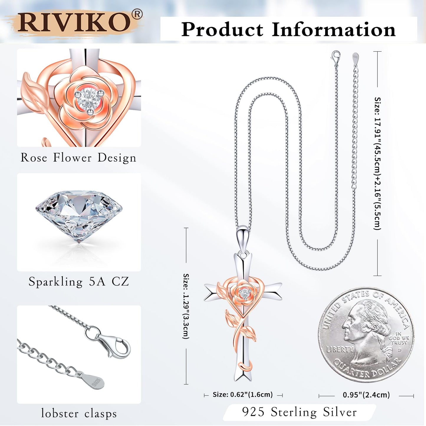 RIVIKO 925 Sterling Silver Cross April Birthstone Necklace for Women Cross Rose Pendant Necklaces Trendy Valentine's Day Christmas Jewelry Anniversary Jewelry Birthday Gift for Women Her Wife Girlfriends Daughter