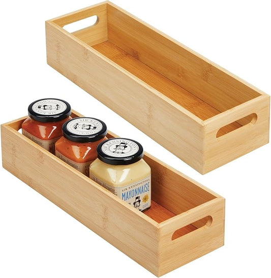 mDesign Set of 2 Kitchen Storage Box â Open-Top Bamboo Storage Tray with Handles â Ideal for Use as a Cupboard Organiser or on The Shelf â Natural