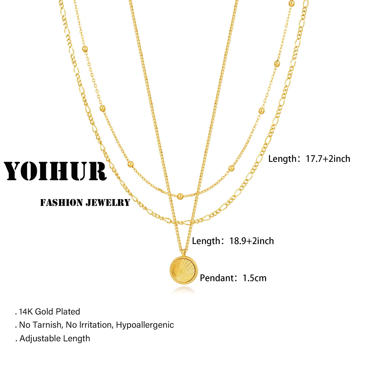 YOIHUR Layered Gold Necklaces for Women, 14K Gold Plated Beading Figaro Necklace Trendy Layering Circle Pendant Necklace Set Jewelry for Women