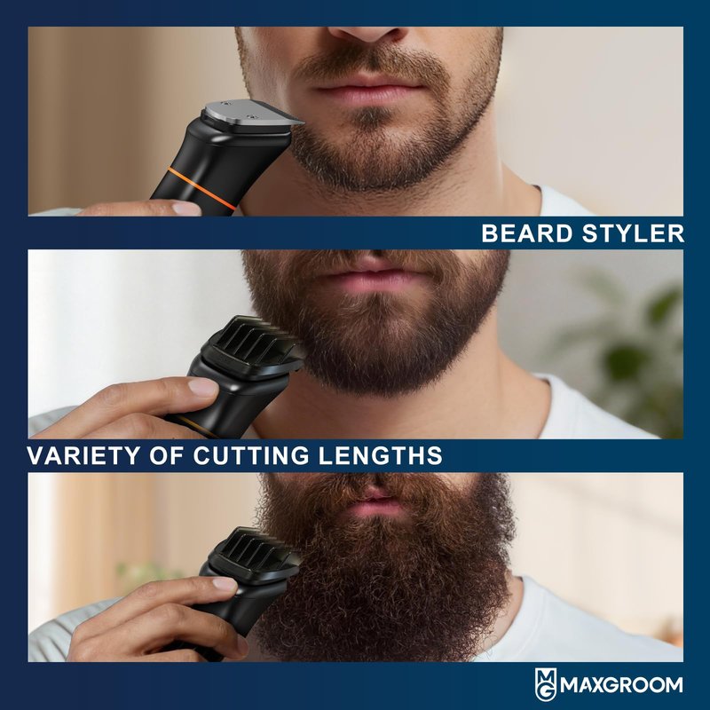 MAXGROOM 6 in 1 Beard Trimmer for Men, Waterproof Cordless Electric Razor Shaver, Men's Grooming Kit for Mustache, Hair, Face, Nose and Body, USB Recharge Dock - Black
