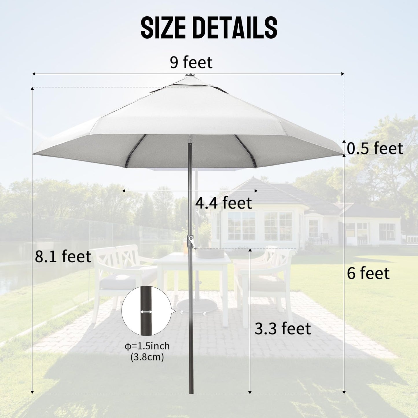 CROWN SHADES 9 Ft Patio Umbrella with Auto-Tilt & Olefin Fabric - Patented 45°Edge Connection Wind Resistant Outdoor Umbrella for Table, Pool, Beach, Effortless Crank System