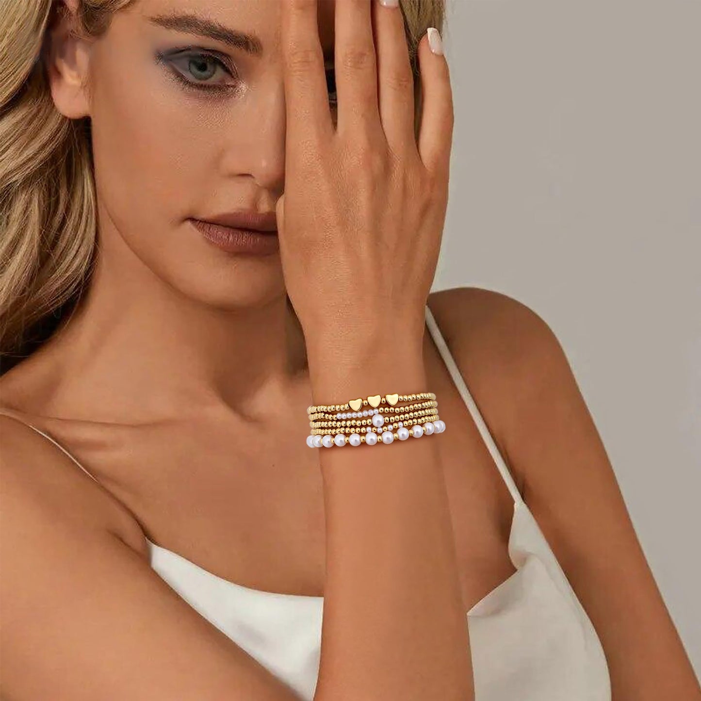 Sajidos Gold Plated Beaded Bracelets for Women Trendy, 14K Gold Plated Stack Cross Pearl Gold Plated Bead Stretch Bracelets Set Elastic Hypoallergenic Bracelets Jewelry Gifts (style11-heart)