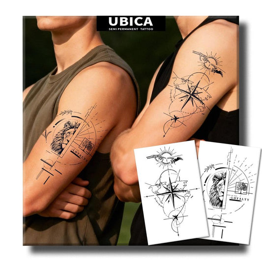 UBICA Semi Permanent Tattoos, 2 Sheets Large Realistic Compass World Adventure & Lion Head Loyalty Temporary Tattoos for Men, 2 Weeks Arm Thigh Calf Fake Tattoos, Waterproof & Non-Reflective Tattoos