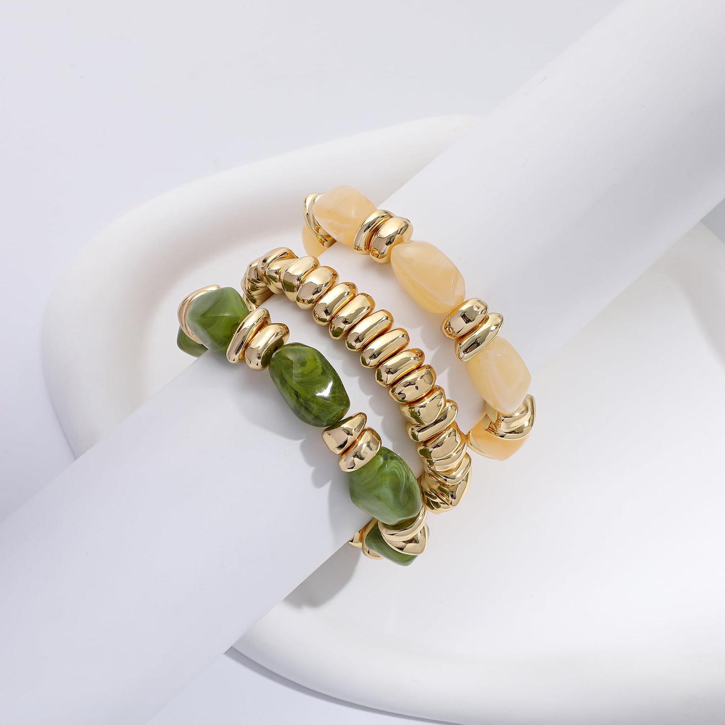 Sajidos Gold Plated Beaded Bracelets for Women Trendy, 14K Gold Plated Stack Cross Pearl Gold Plated Bead Stretch Bracelets Set Elastic Hypoallergenic Bracelets Jewelry Gifts (style13-beigreen)