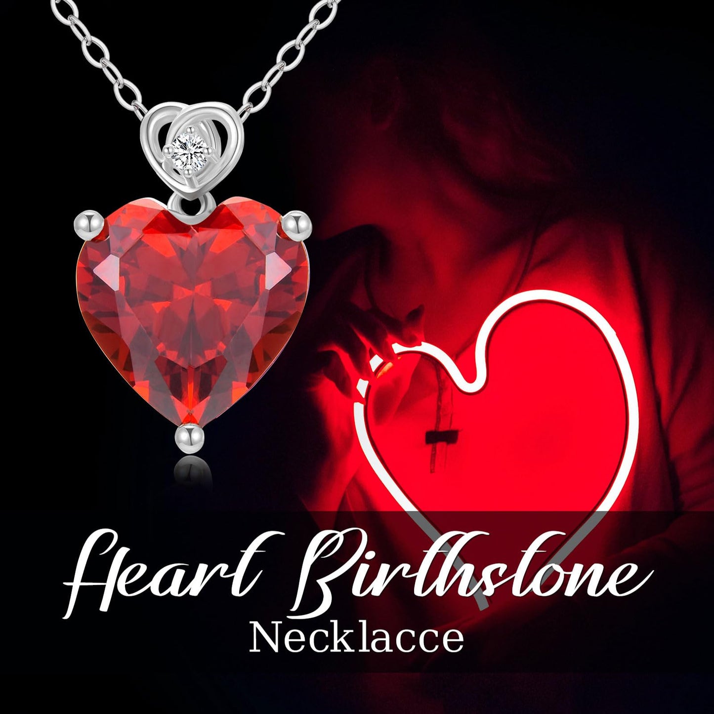 NFYBD 14k White Gold Love Heart Garnet Birthstone Pendant Necklace for Women 3 Carat Heart-cut Created Gemstone Anniversary Birthday Mother's Day Necklaces for Her-jan