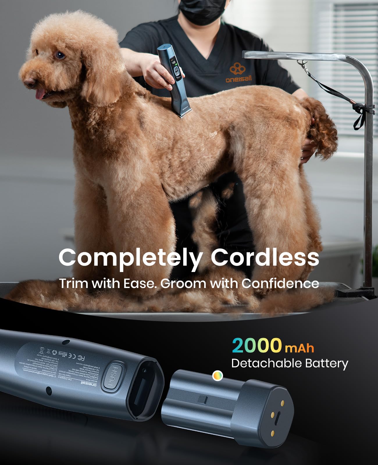 oneisall Professional Cordless Clippers for Groomers, Heavy-Duty Dog Clippers for Thick Coats Doodles, 2-Speed Upgrade Motor, Detachable Batteries, Carbon Steel Blade（Blue）